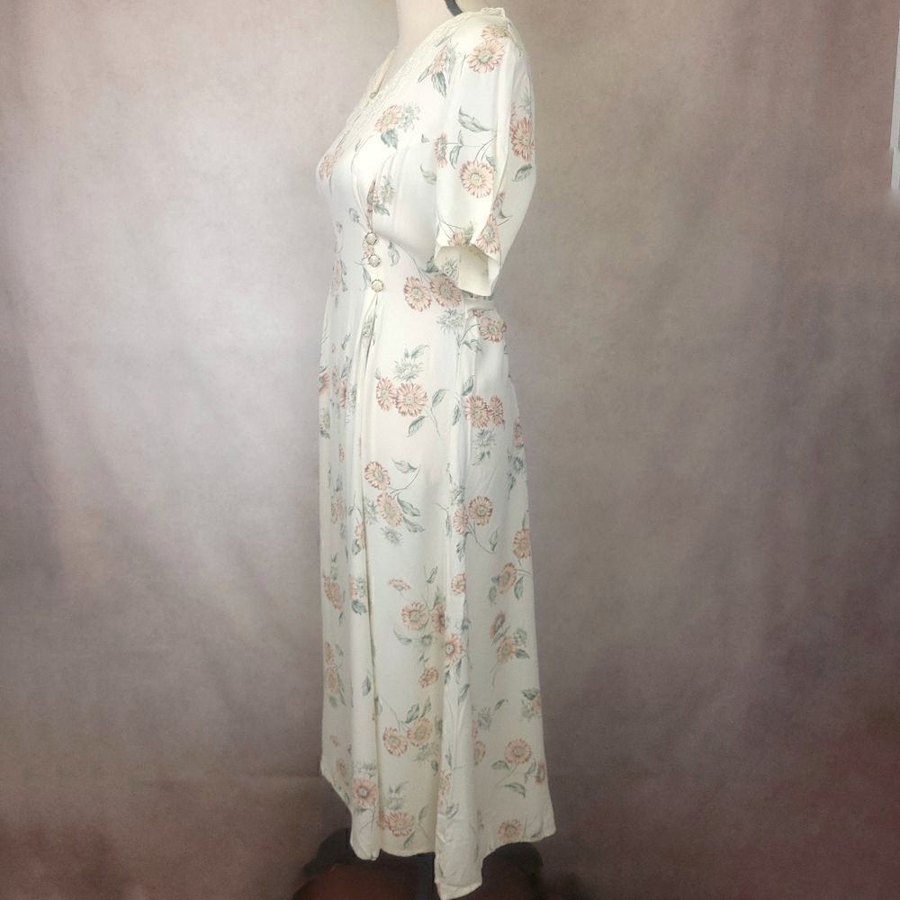 Vintage 80s Cream Floral V Neck Fitted Maxi Dress Size Med - Picture 2 of 10